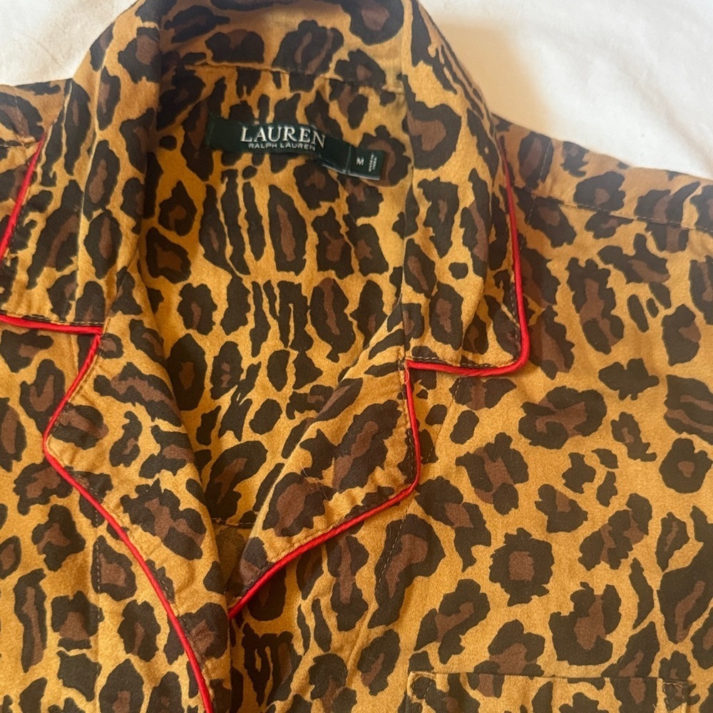 Lauren Ralph Lauren Brown Leopard cotton Pajama Top with Red Piping